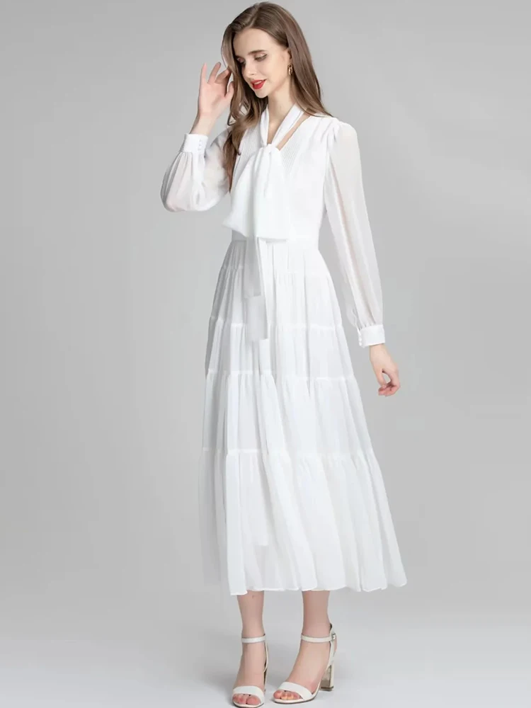MoaaYina Módny Návrhár šaty Jeseň dámske Šaty tvaru Dlhý rukáv Vysoký pás Elegantné Biele Bežné Dlhé Šaty Obrázok 3