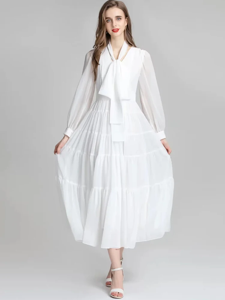 MoaaYina Módny Návrhár šaty Jeseň dámske Šaty tvaru Dlhý rukáv Vysoký pás Elegantné Biele Bežné Dlhé Šaty Obrázok 4