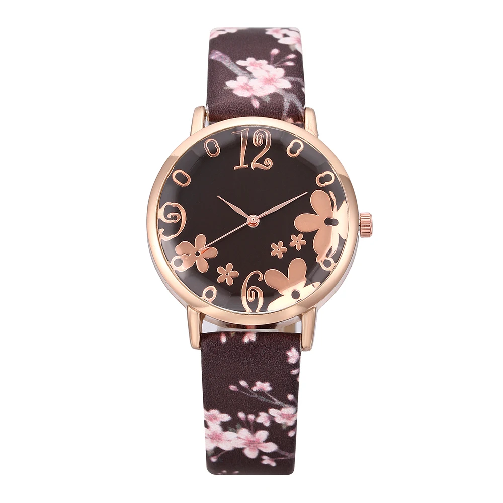 Móda Kvetinový Náramok Kožený Prúžok Dial Hodinky pre Ženy, Štýlové Náramkové hodinky Quartz Luxusné Dámske Šaty Hodiny reloj mujer Obrázok 5