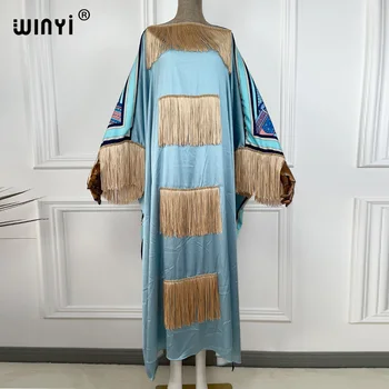 2021 WINYI Afriky boho šaty Farba matchi Tlač Bohemia Voľné Elegantné Moslimských Abaya Bazin Šaty, Šaty Broder Riche Strapce